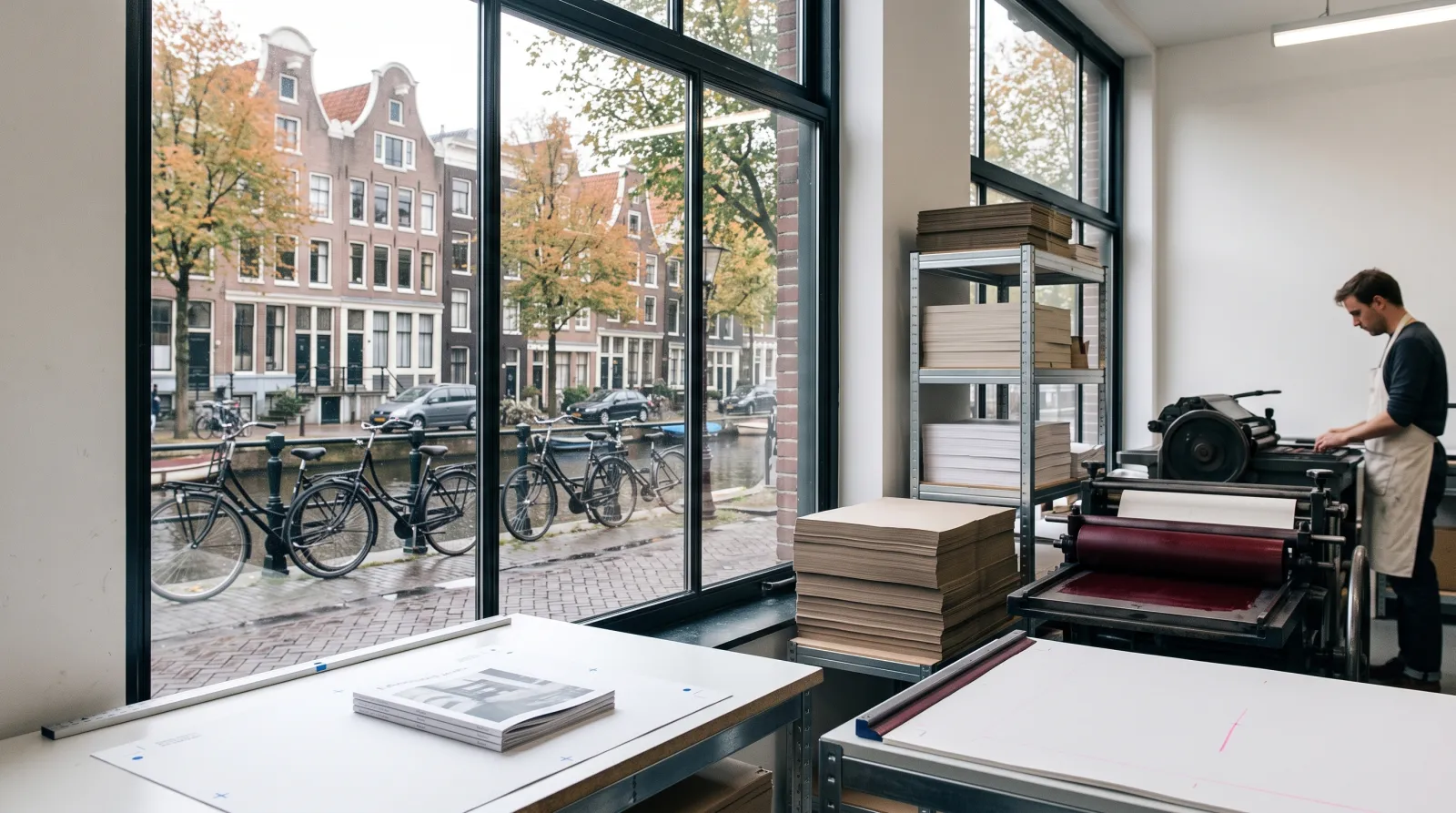 Amsterdam print workshop beside a canal with paper stacks and a press