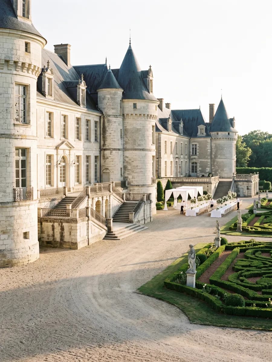 French château and formal garden with visible terraces, stairs, and a dining setup