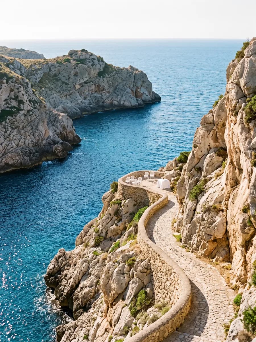 Rocky Mallorca coastline with a small ceremony terrace above cobalt water