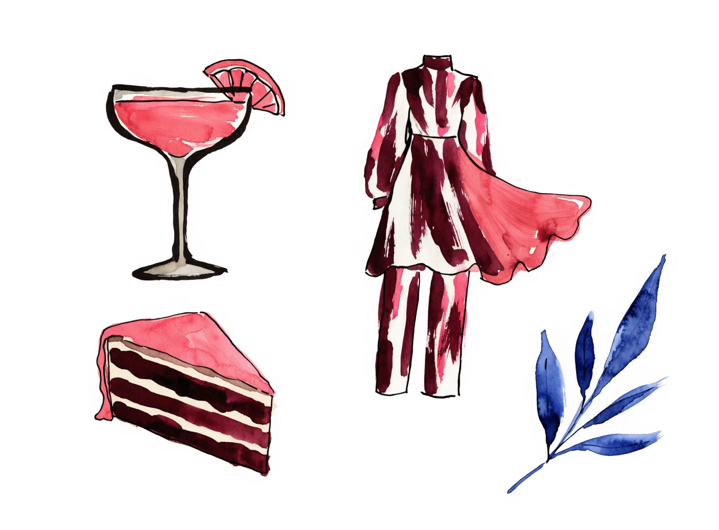Watercolor studies of a welcome drink, clothes, cake, and blue foliage